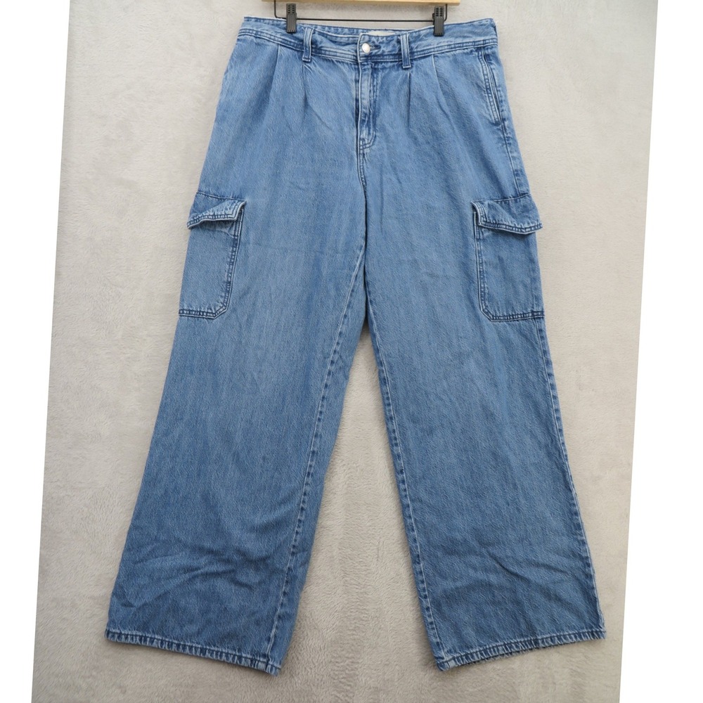 Universal Thread Womens 14 Denim Cargo Jeans Light Wash Wide Leg Utility Baggy